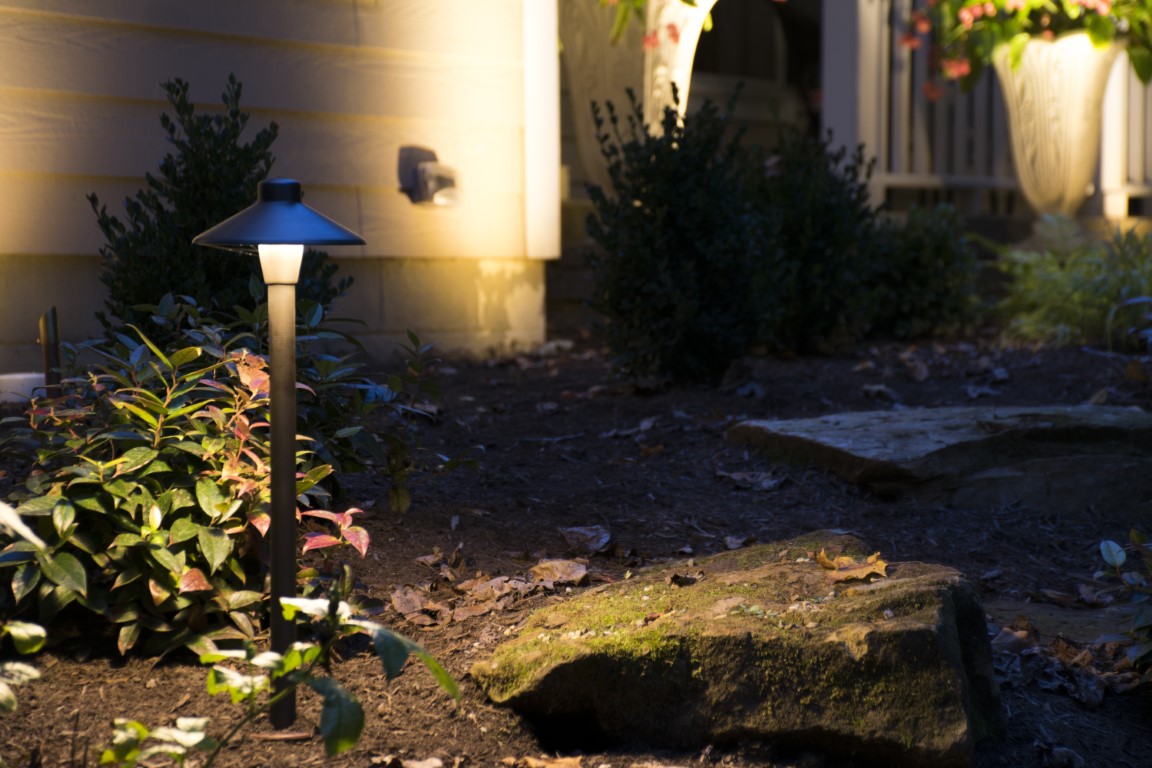 LED pathway lighting on a residential walk way in front yard